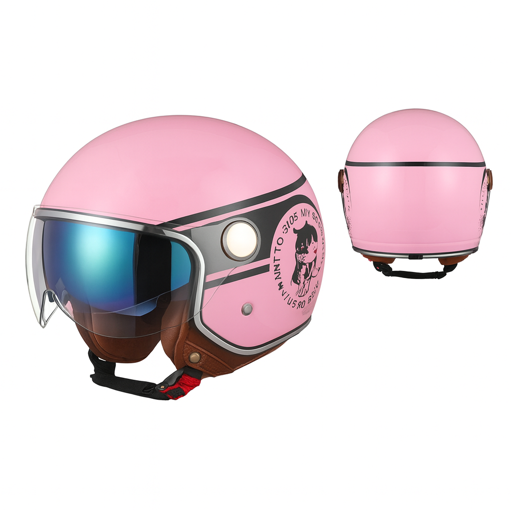 Casque de moto femme rétro – Demi-casque trois quarts avec visière teintée